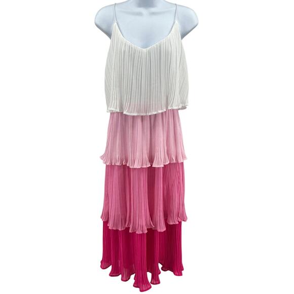 She + Sky Ombre Tiered Pleated Midi Dress WMNS S Pink White Flowy V-Neck Ruffled - Picture 3 of 11